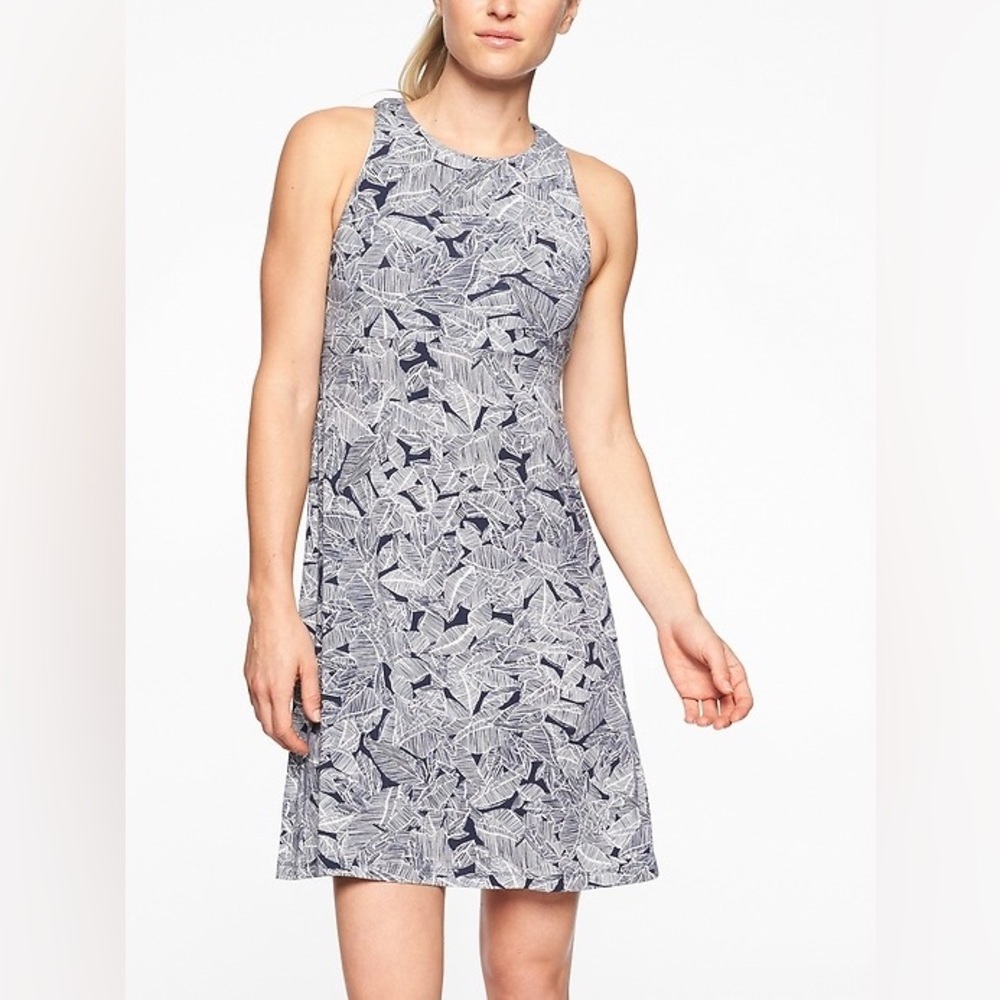 Athleta Santorini Dress - Medium - navy blue & white print modal high neck EUC